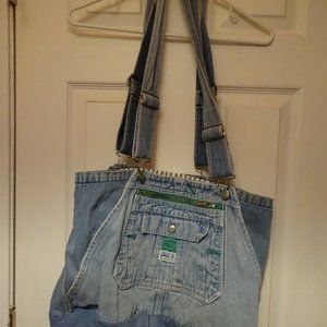 Denim bag made from overall blue jean tops & straps, one of a kind.